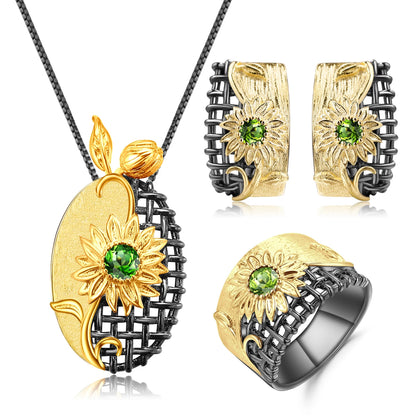 925 Sterling Silver Natural Stones Sunflower Necklace, Earrings & Ring Set