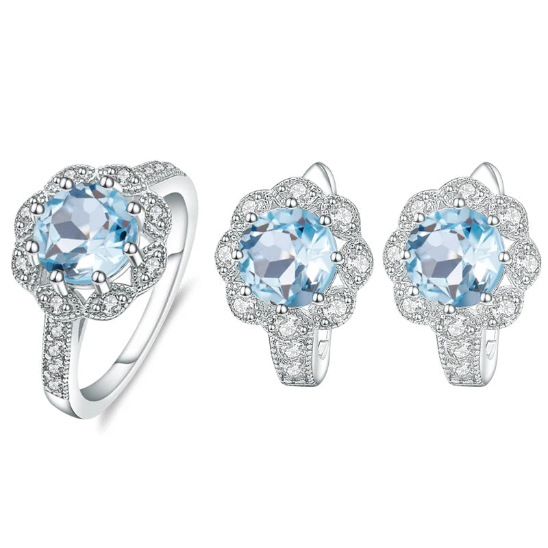 925 Sterling Silver Natural Sky Blue Topaz Snowflake Ring & Earrings Set