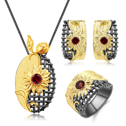 925 Sterling Silver Natural Stones Sunflower Necklace, Earrings & Ring Set