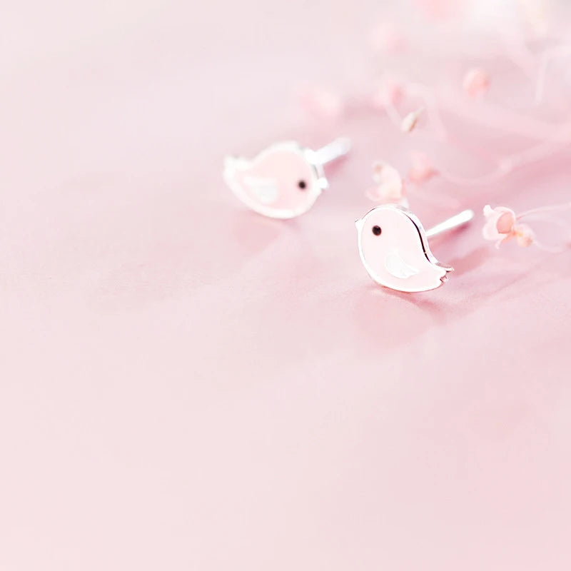 Pink Enamel Birds, 925 Sterling Silver Stud Earrings