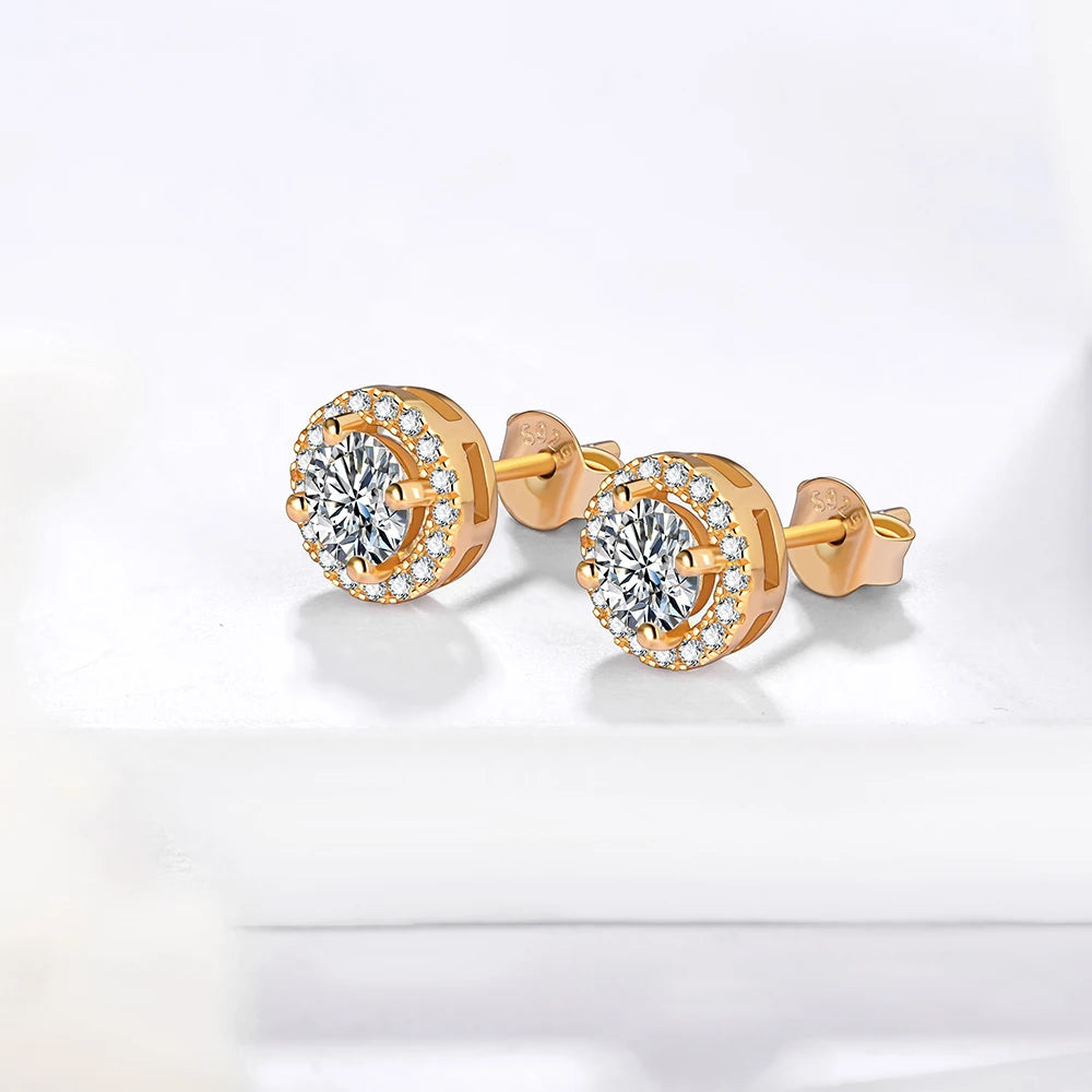 1 Carat D Color Moissatine Stud Earrings 18K Gold Plated 925 Sterling Silver