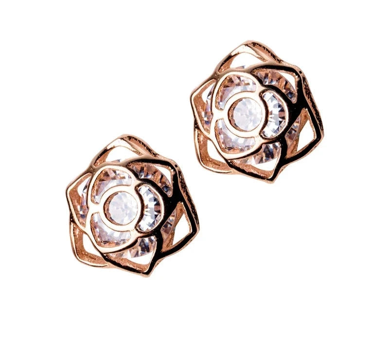 Rose Flower Clear Zirconia Romantic Tiny Stud Earrings Sterling Silver 925