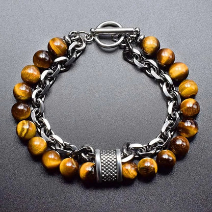 Multi Style Choice Tiger Eye Stone Stainless Steel Gunmetal Link Chain With Beaded Bracelet