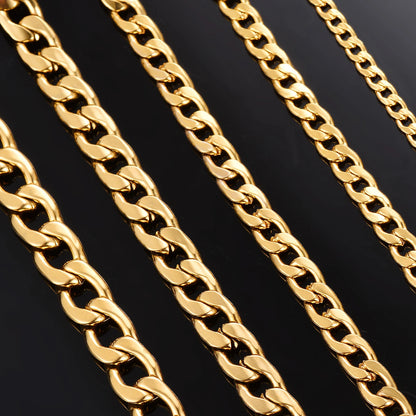 21cm-100cm Gold Stainless Steel Flat Curb Chain, 3mm-9.5mm