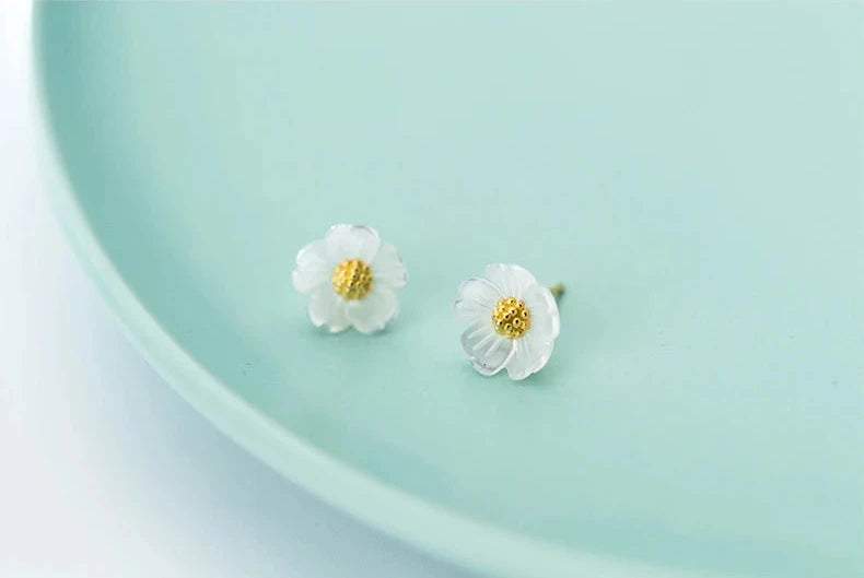 925 Sterling Silver Ceramics Gold Color Flower Stud Earrings