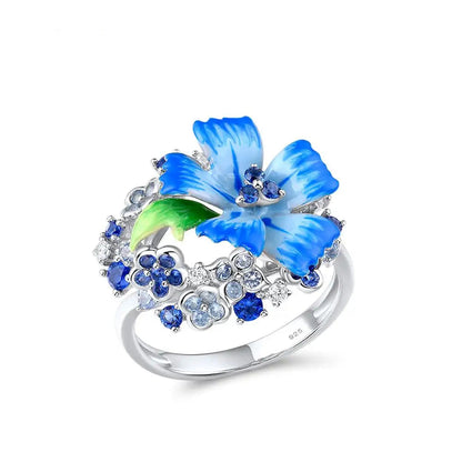 925 Sterling Silver Blue Enamel Flower Ring & Earrings Set