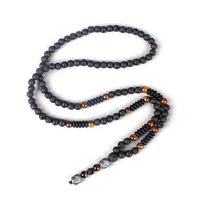 New Vintage Natural Tiger-eye Stone Black Lava Beads Buddha Head Pendant Necklace for Men Hnadmade Jewelry N012