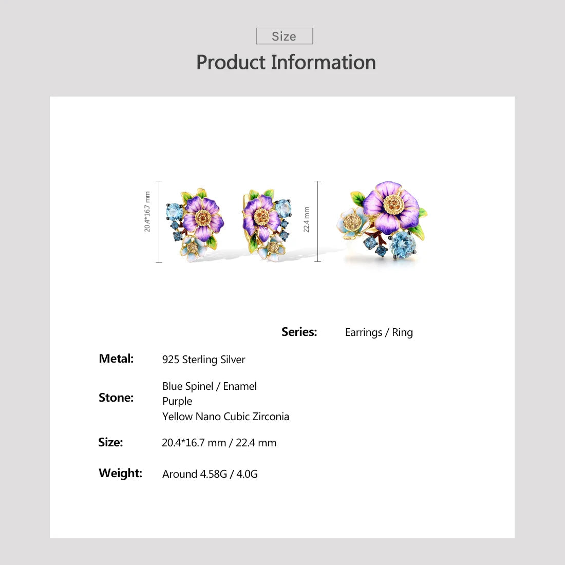 925 Sterling Silver Violet Enamel Flower Set