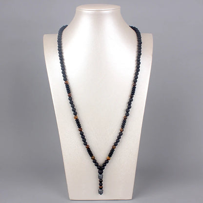 New Vintage Natural Tiger-eye Stone Black Lava Beads Buddha Head Pendant Necklace for Men Hnadmade Jewelry N012