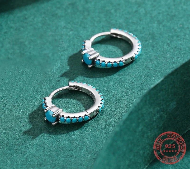 Natural Turquoise Hoop Earrings 925 Sterling Silver