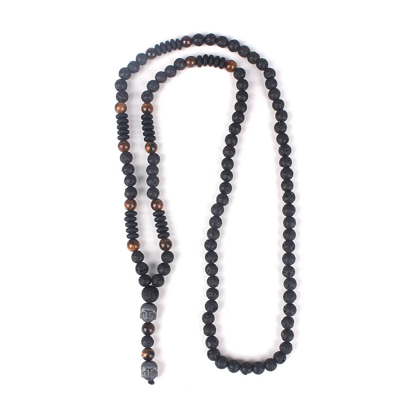 New Vintage Natural Tiger-eye Stone Black Lava Beads Buddha Head Pendant Necklace for Men Hnadmade Jewelry N012