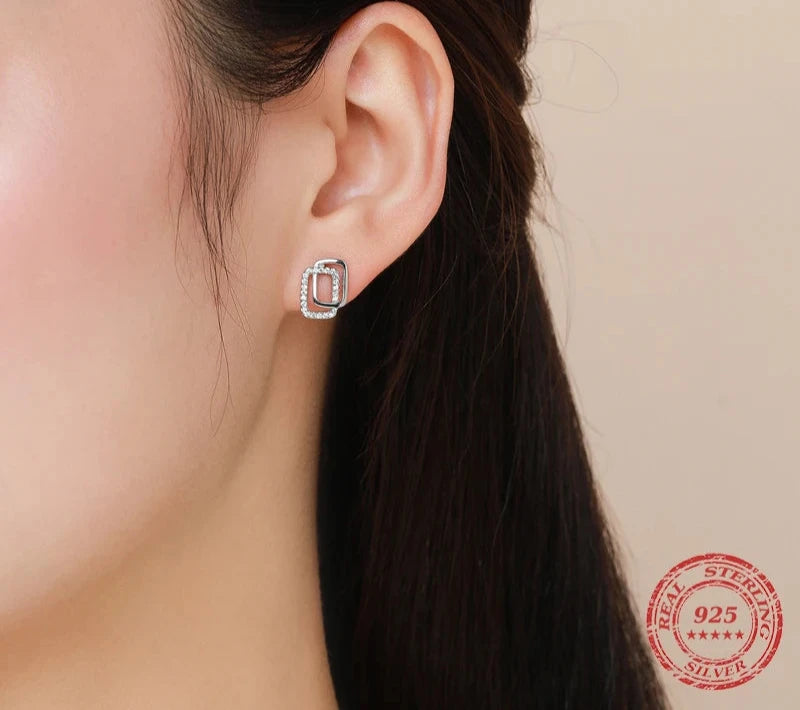 925 Sterling Silver Double Geometric Stud Earrings CZ