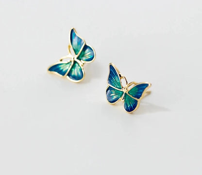 Blue Enamel Butterflies Stud Earrings 925 Sterling Silver