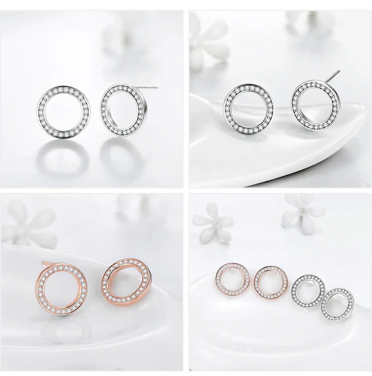 925 Sterling Silver Circular Stud Earrings CZ (2 Color)