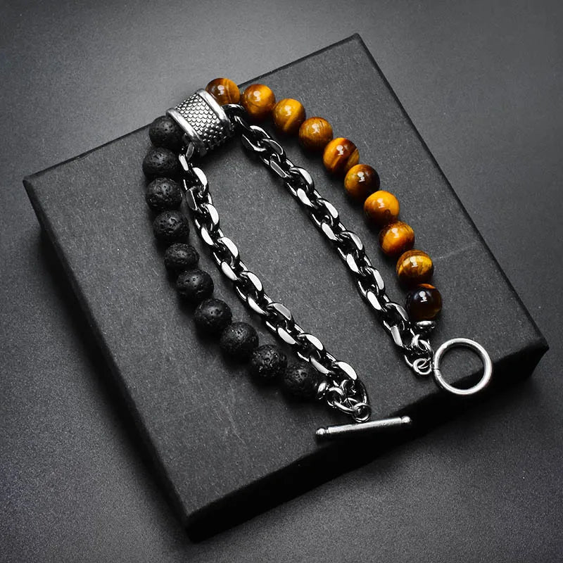 Multi Style Choice Tiger Eye Stone Stainless Steel Gunmetal Link Chain With Beaded Bracelet