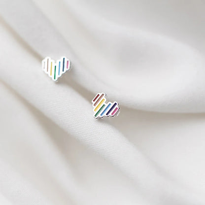 Rainbow Hearts Enamel Tiny 925 Sterling Silver Stud Earrings