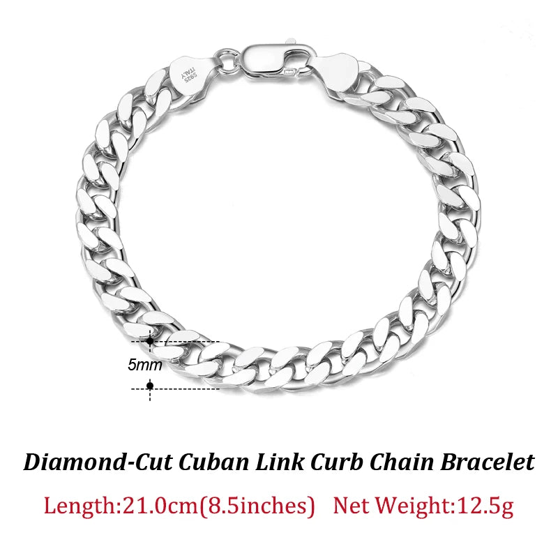 925 Sterling Silver Diamond-Cut Curb Bracelet/Chain 3.6/5/7mm