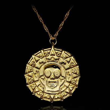 Movie Accessories Caribbean Akg Pirates Aztec Gold Color Coin Necklace Retro Skull Pendant Punk Hip Hop Necklace