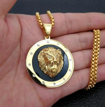 Fashion Domineering Lion Head Round Medal Pendant Necklace Inlaid Zircon Men's Hip Hop Trend Party Jewelry