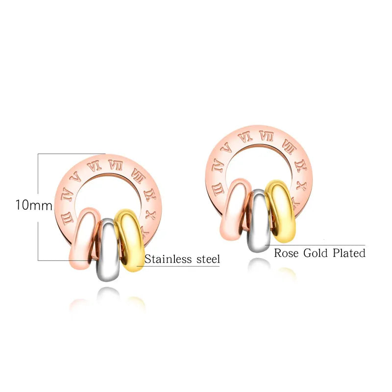 Rose Gold Color Roman Numerals Stainless Steel Stud Earrings