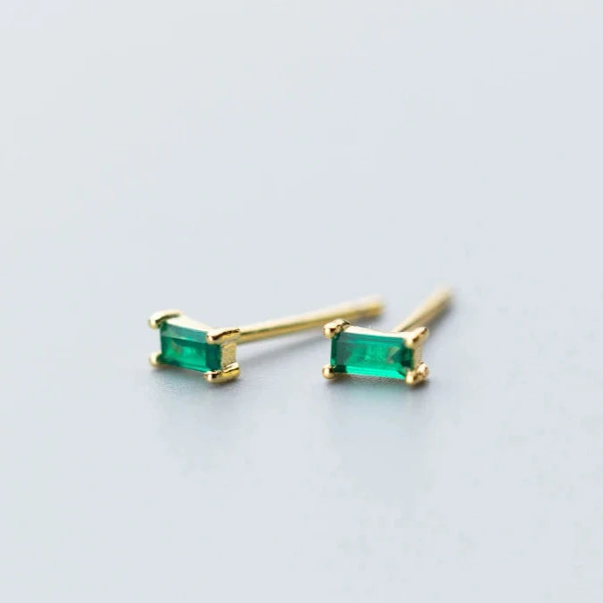 Tiny Green Zircon Stud Earrings 925 Sterling Silver Emerald Cut