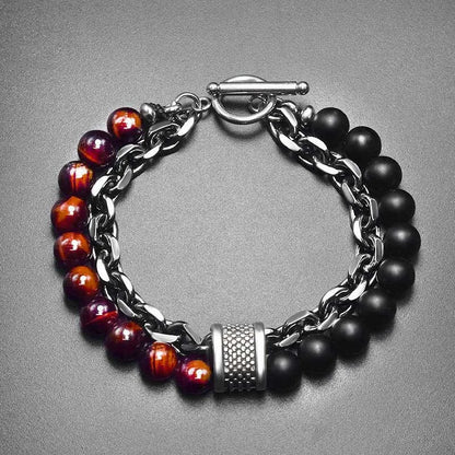 Multi Style Choice Tiger Eye Stone Stainless Steel Gunmetal Link Chain With Beaded Bracelet