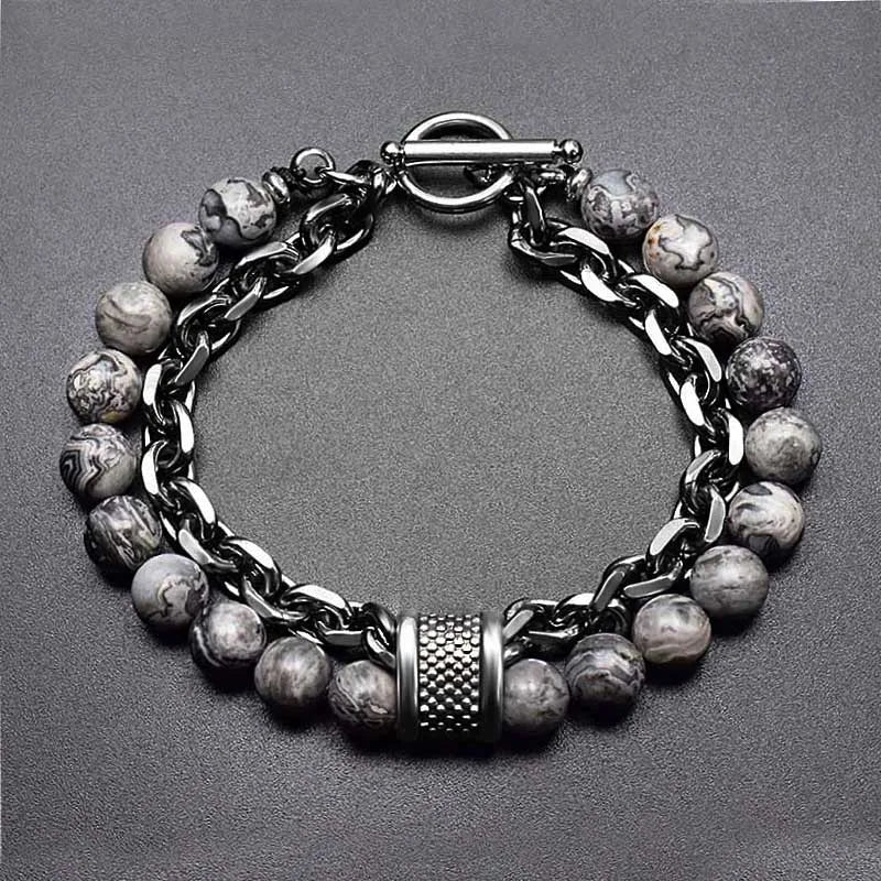 Multi Style Choice Tiger Eye Stone Stainless Steel Gunmetal Link Chain With Beaded Bracelet