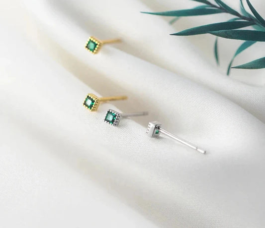 925 Sterling Silver Green Square Crystal Stud Earrings