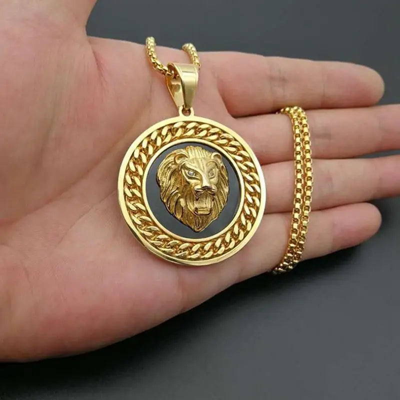 Fashion Domineering Lion Head Round Medal Pendant Necklace Inlaid Zircon Men's Hip Hop Trend Party Jewelry