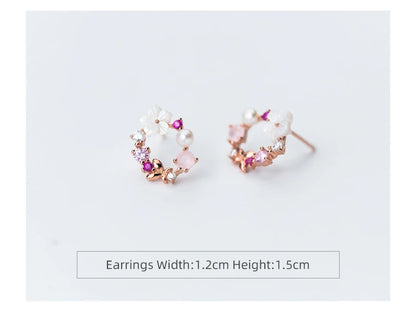 Round Pink Flower Zircon Stud Earrings 925 Sterling Silver