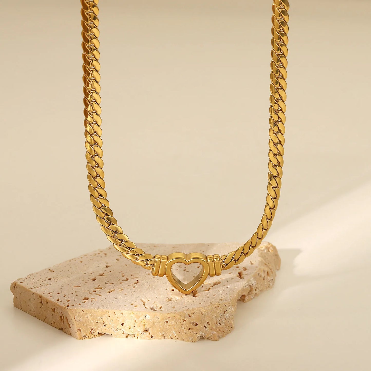 Gold Or Silver Stainless Steel Cuban Chain Heart Necklace