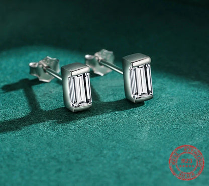 Emerald Cut Rectangle CZ Studs Solid 925 Sterling Silver