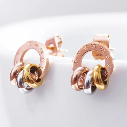 Rose Gold Color Roman Numerals Stainless Steel Stud Earrings