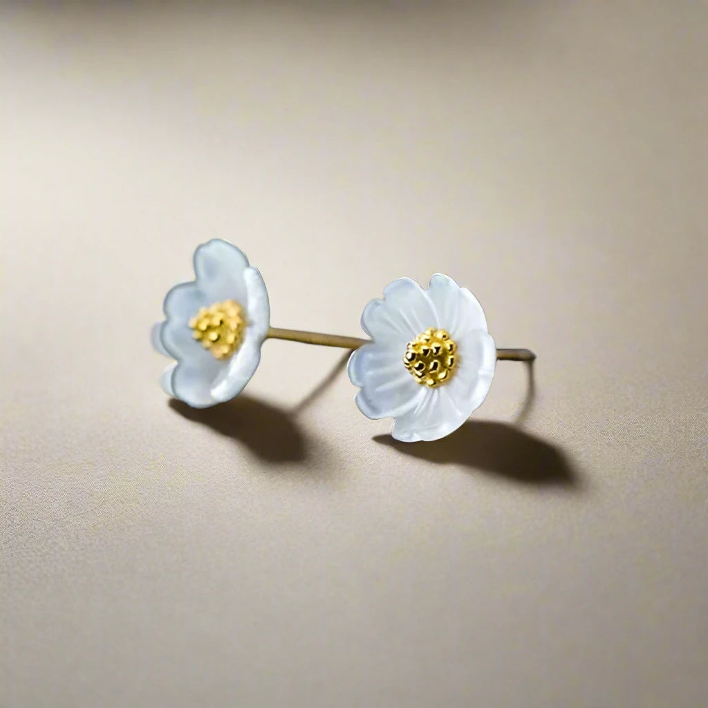 925 Sterling Silver Ceramics Gold Color Flower Stud Earrings