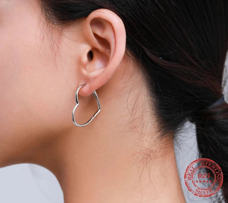 925 Sterling Silver Hearts Shape Simple Elegant Hoop Earrings