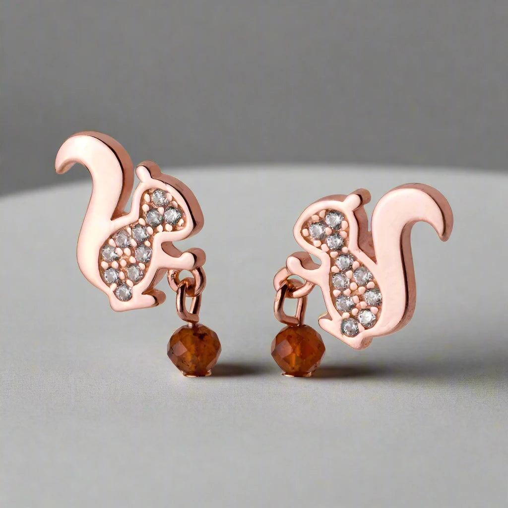 925 Sterling Silver Rose Gold Color Cute Squirel Stud Earrings