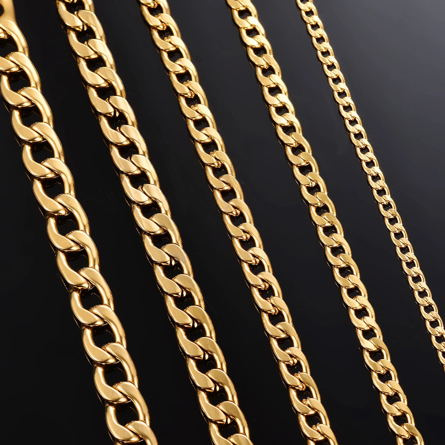 21cm-100cm Gold Stainless Steel Flat Curb Chain, 3mm-9.5mm