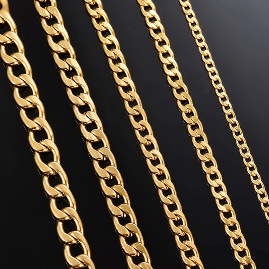 21cm-100cm Gold Stainless Steel Flat Curb Chain, 3mm-9.5mm