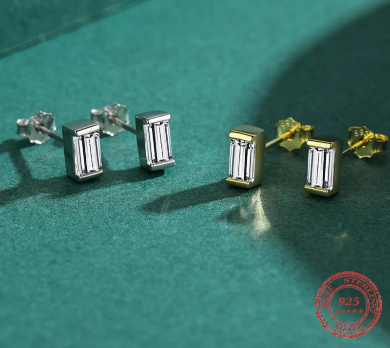 Emerald Cut Rectangle CZ Studs Solid 925 Sterling Silver