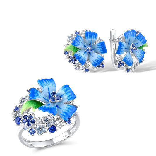 925 Sterling Silver Blue Enamel Flower Ring & Earrings Set