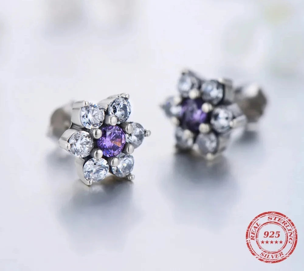 925 Sterling Silver Flower Purple Crystal Stud Earrings