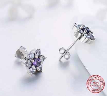 925 Sterling Silver Flower Purple Crystal Stud Earrings