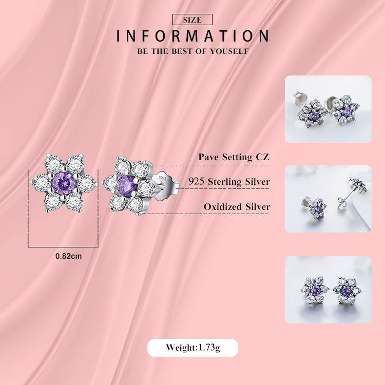 925 Sterling Silver Flower Purple Crystal Stud Earrings