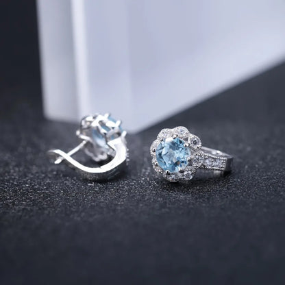 925 Sterling Silver Natural Sky Blue Topaz Snowflake Ring & Earrings Set