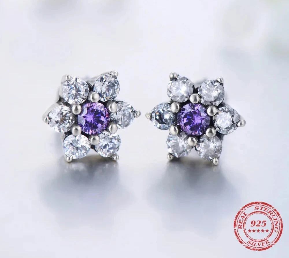 925 Sterling Silver Flower Purple Crystal Stud Earrings