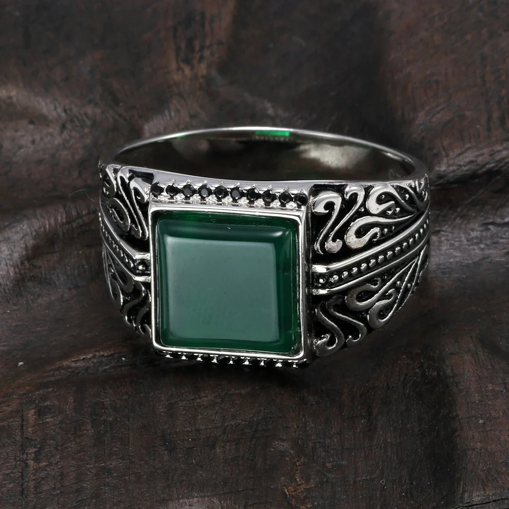 925 Sterling Silver Ring, Black, Green, Red Natural Onyx Stone