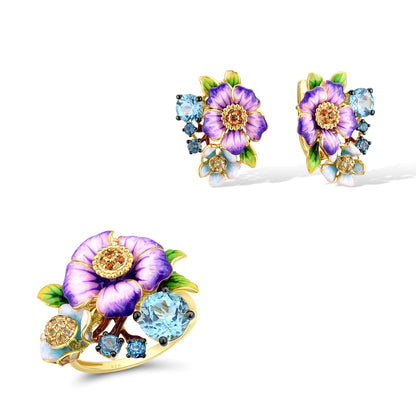 925 Sterling Silver Violet Enamel Flower Set