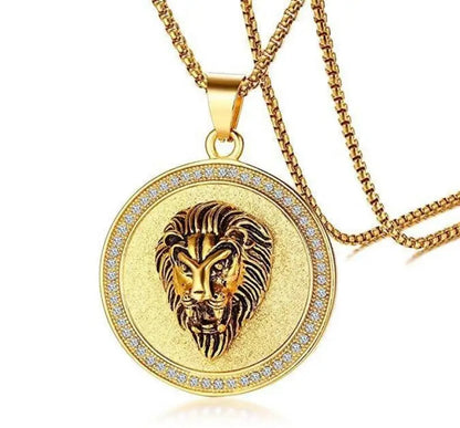 Fashion Domineering Lion Head Round Medal Pendant Necklace Inlaid Zircon Men's Hip Hop Trend Party Jewelry