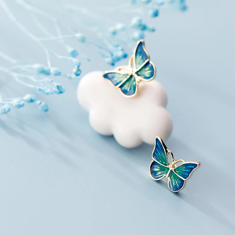 Blue Enamel Butterflies Stud Earrings 925 Sterling Silver