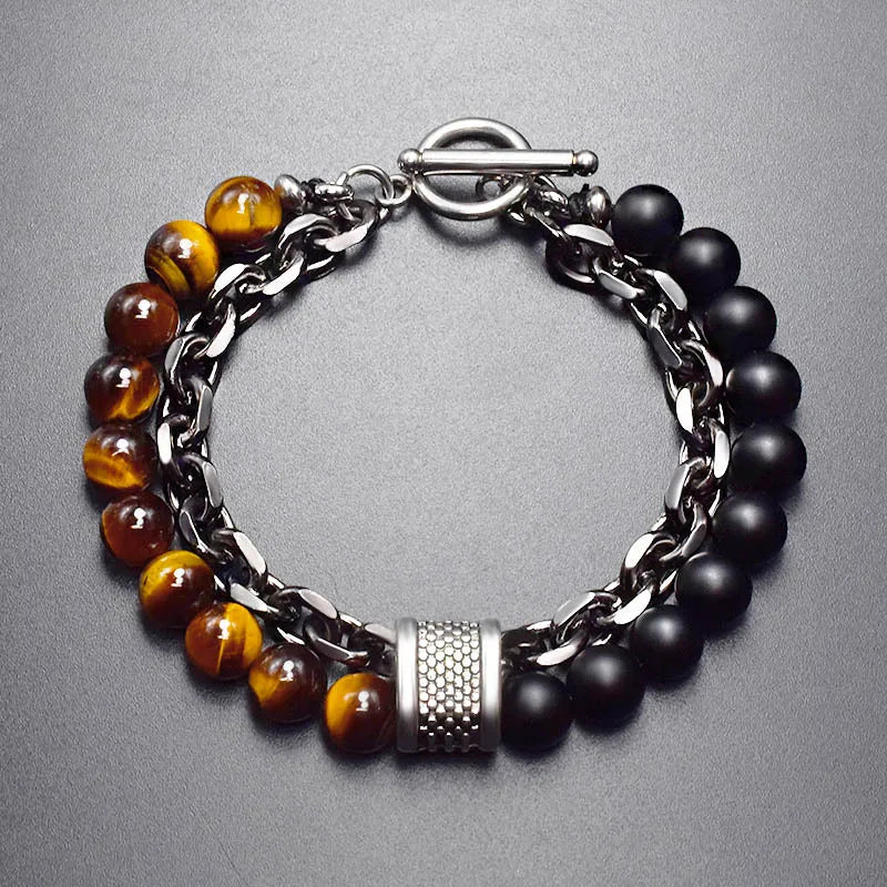 Multi Style Choice Tiger Eye Stone Stainless Steel Gunmetal Link Chain With Beaded Bracelet